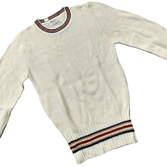 Vintage Cream Textured LS Knit Sweater w/stripe trim collar, sleeves, waist - Picture 4 of 6